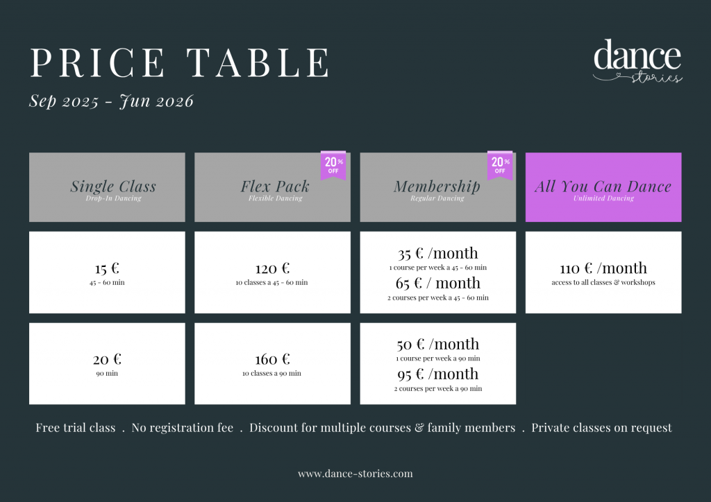 Price Table 2025/26 Dance Stories